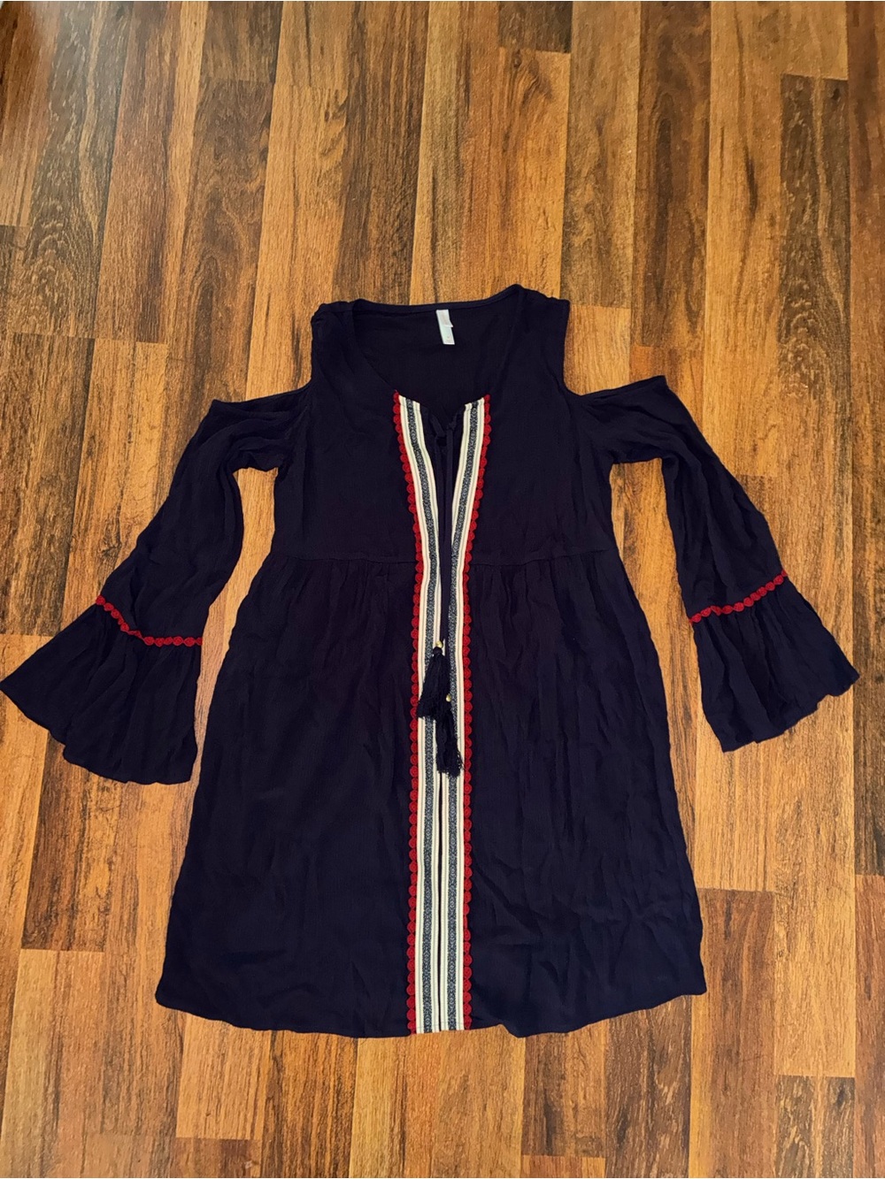 Xhilaration Navy Cold-Shoulder Dress with Red Trim